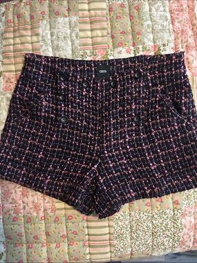 ASOS Black Tweed High-Waist Button Shorts with Pink Accents